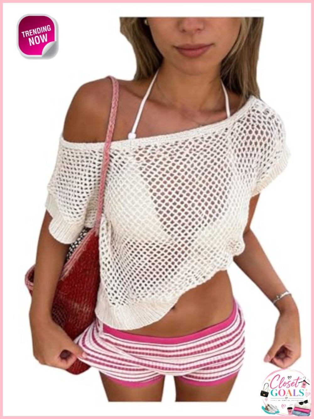 Crochet Off Shoulder Short Sleeve Sheer Crop Top Beach Cover Up